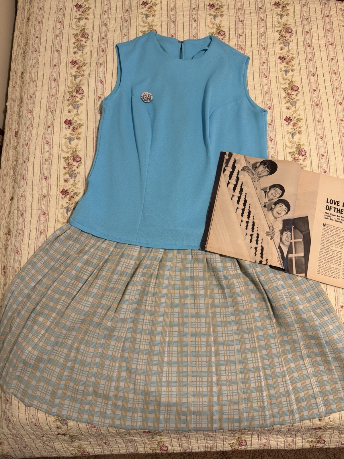 True Vintage 1960s Mod Drop Waist Pleated Plaid Dress Blue Sleeveless S/M Medium