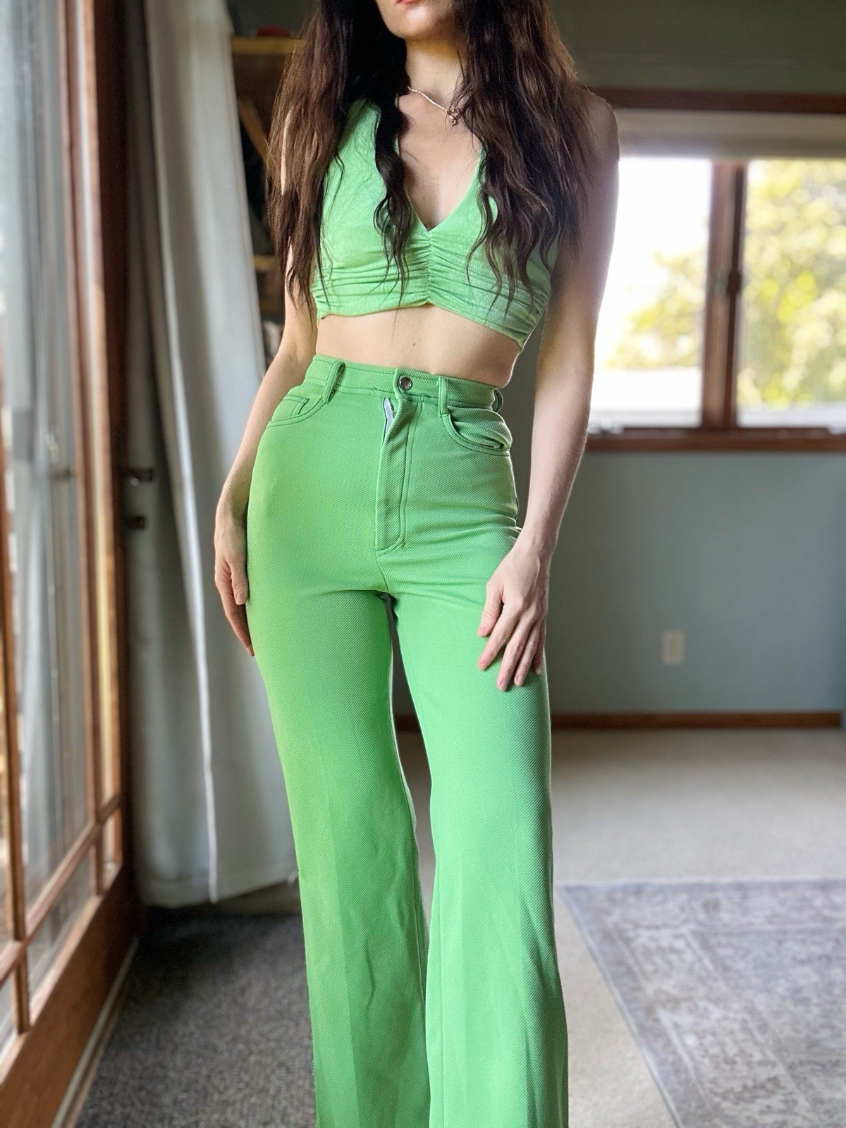 Vintage Spiegel 1970s High Rise Pants Flared Polyester Lime Green Disco Era