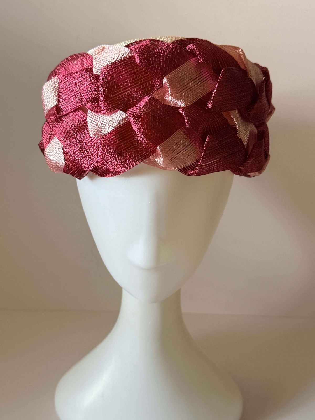Vintage Burgundy & Blush Pink Woven Ribbon Pillbox Hat | 1960s Sculptural