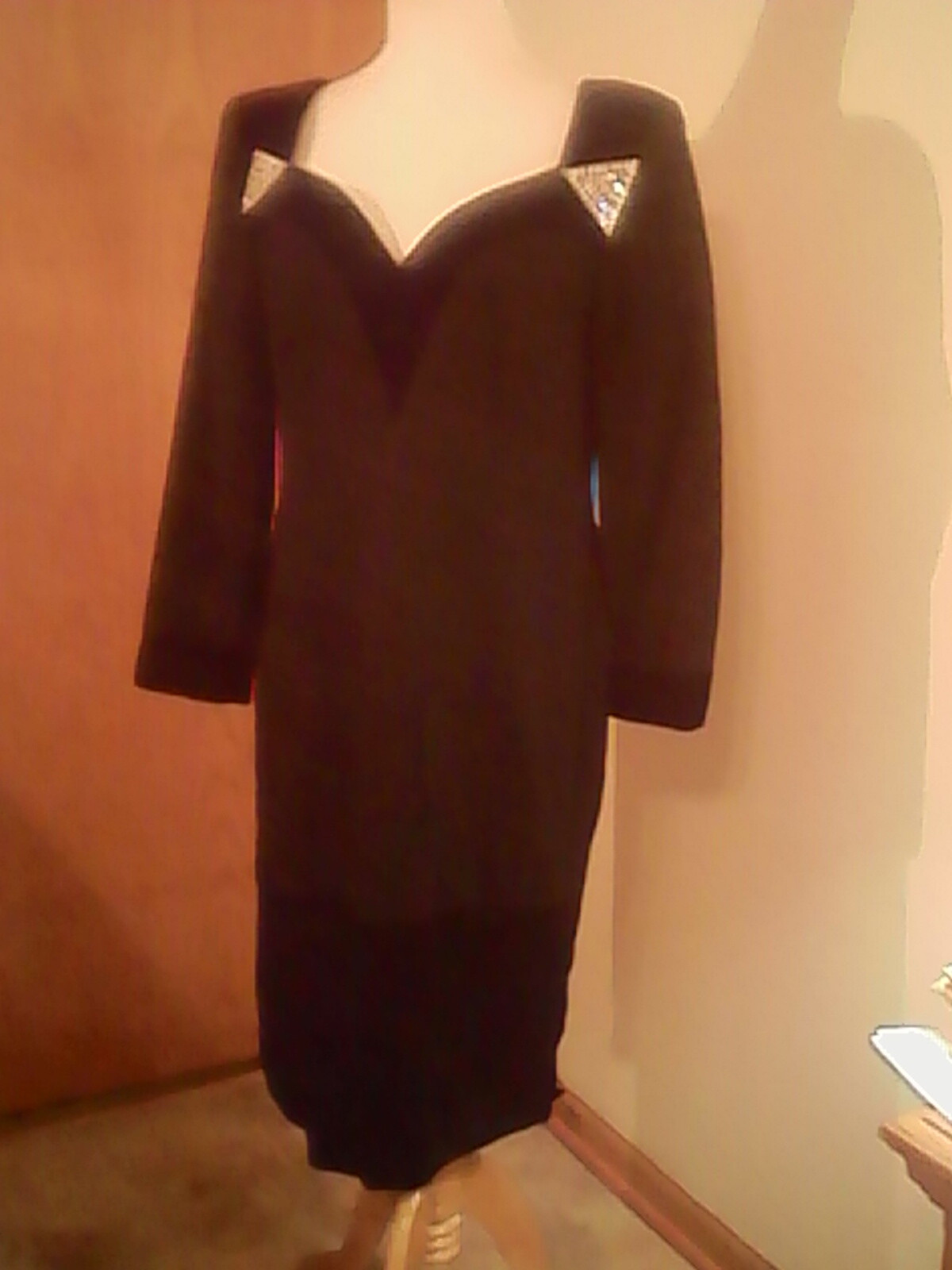 Vintage Julie Duroche Vintage black dress 12 wool velvet trim crystal accent