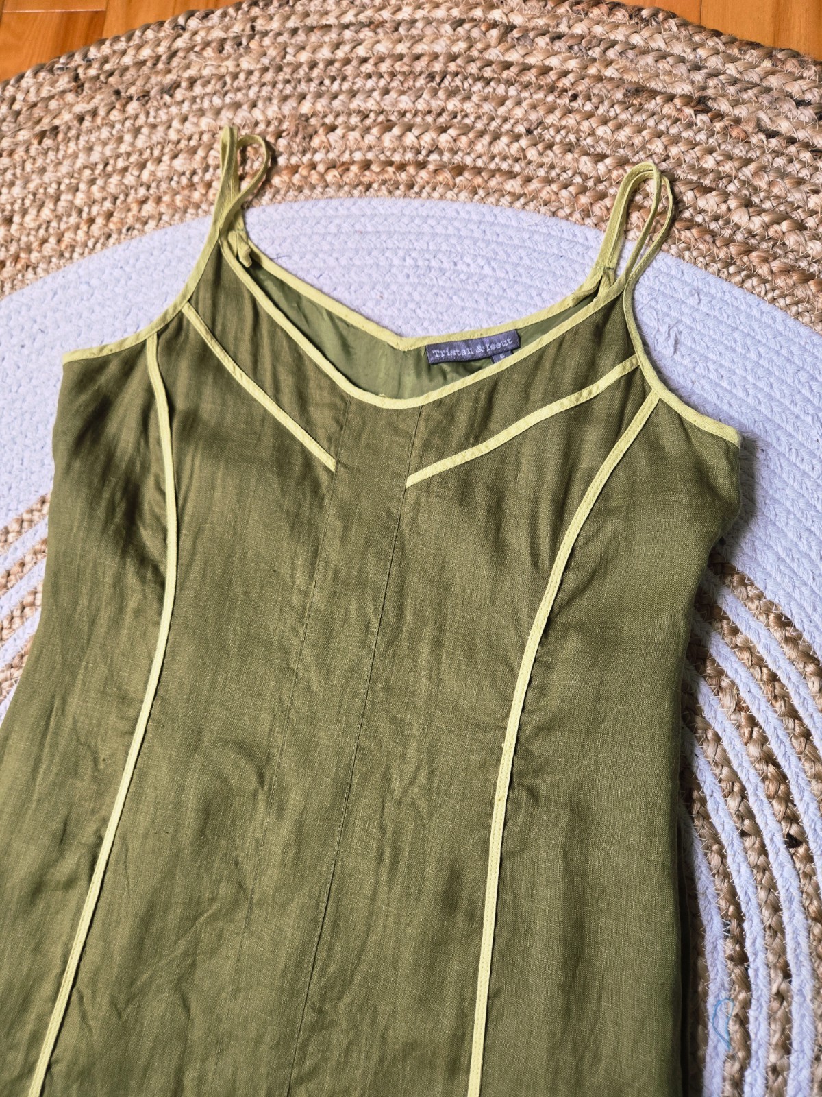 Vintage 90s Linen Blend Olive Green Mini Dress Minimalist Panel Contrast Trim