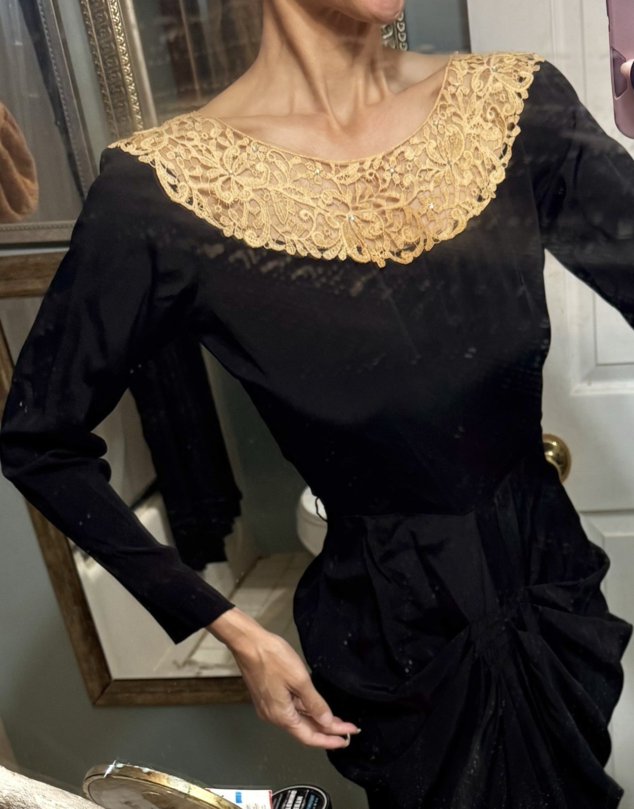 Vtg 1940s Rayon Draped Bustle Dress Black Off White Lace Rhinestones Bombshell