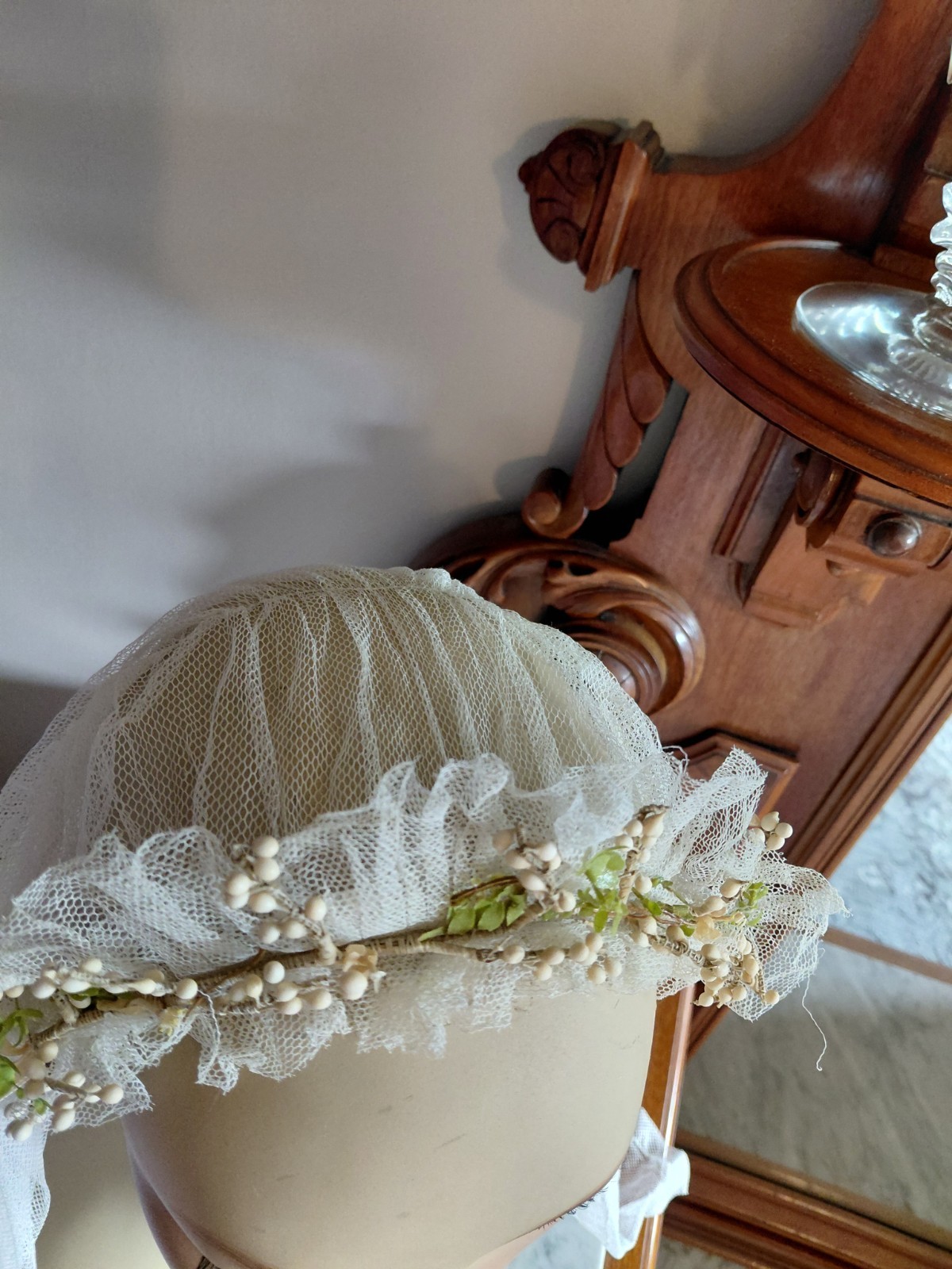 Antique Vintage 1920’s Wedding Bridal Veil Wax Orange Blossom Buds Peach Ribbons