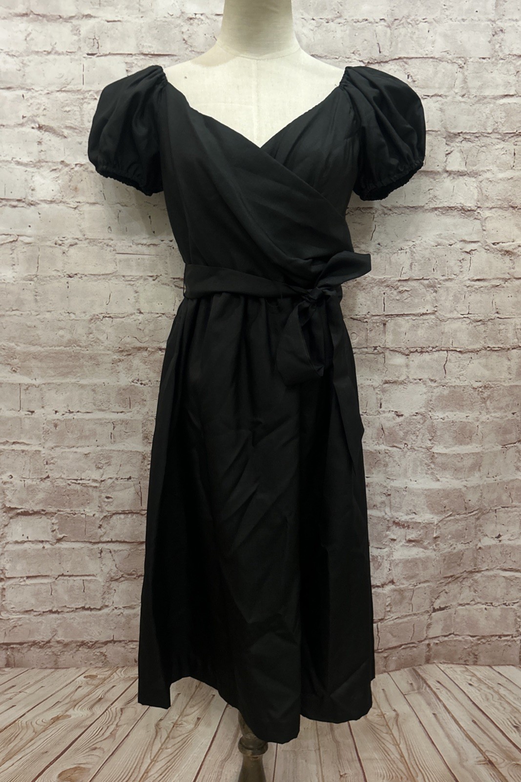 Vintage SMALL TALK Womens Black Puff Sleeve Cocktail Dress Tie Belt – Size 14