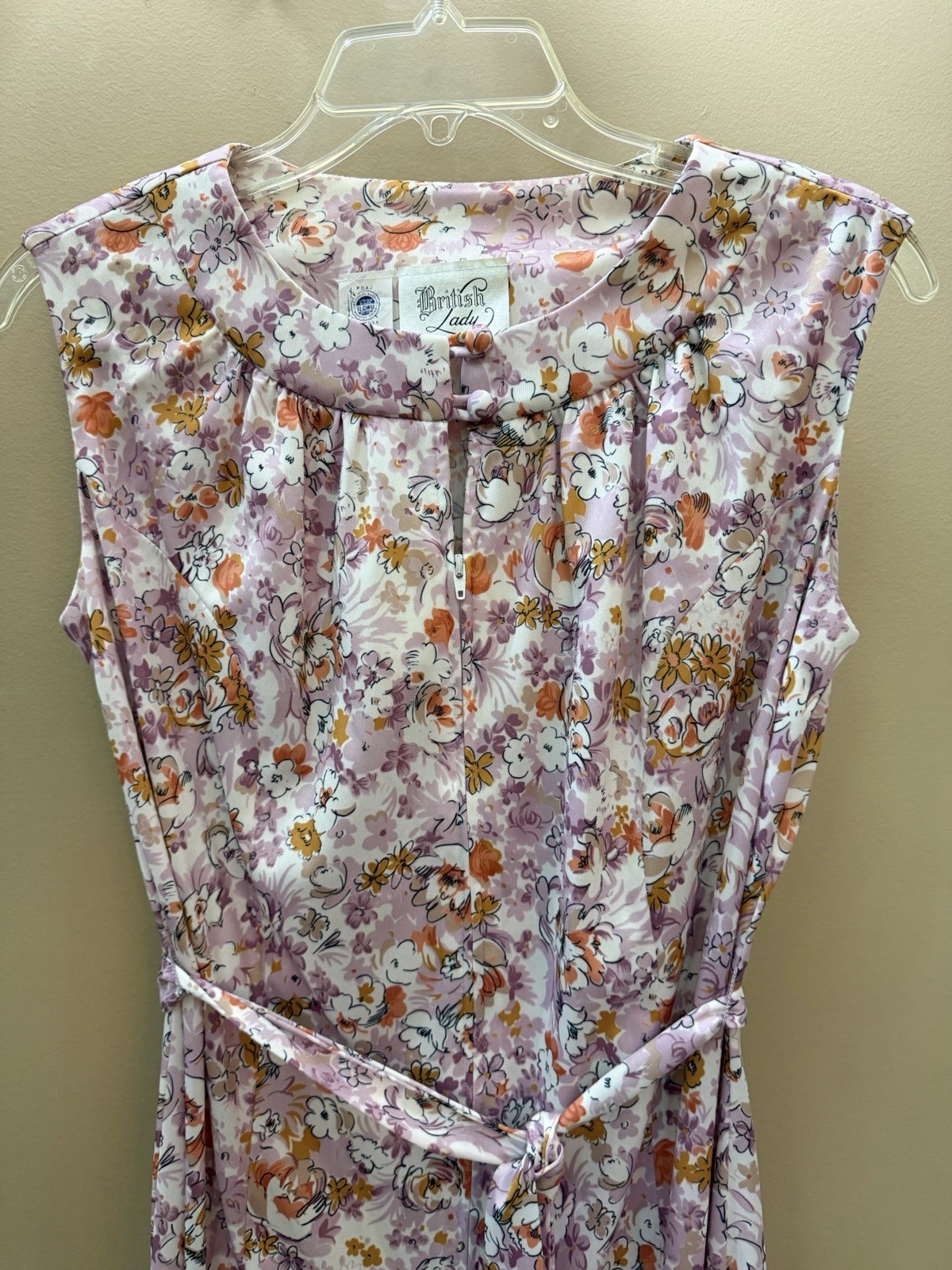 Vtg British Lady 1970s Floral Zip-Belted Sleeveless Retro Cottage Chic Day Dress