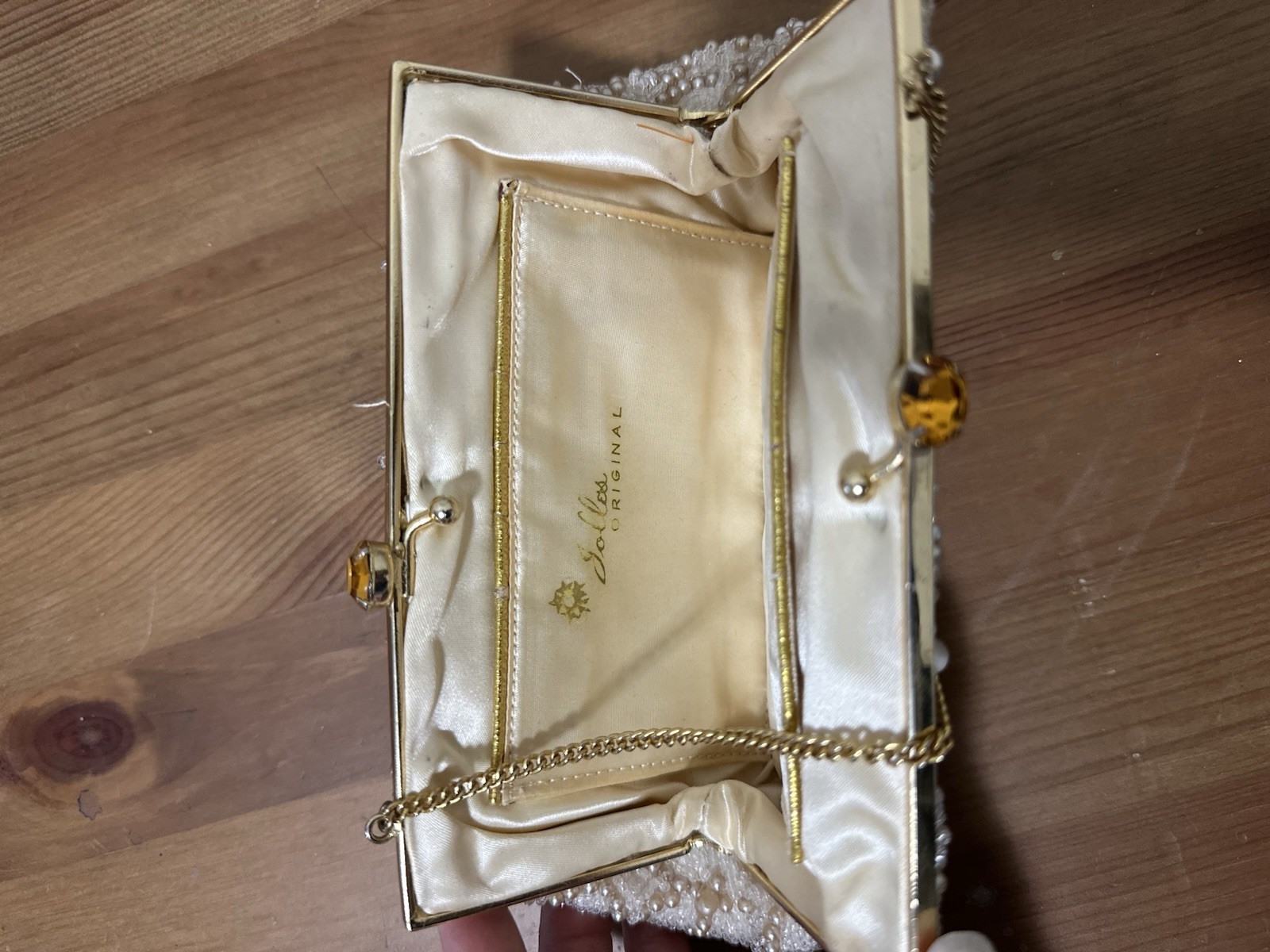 Vintage 1950s Jolles White and Cream Beaded Clutch w/ Gold Strap & Yellow Stones