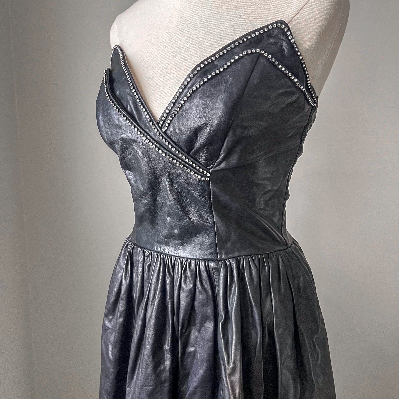 Vintage 1980s Strapless Black Leather Dress – Rhinestone Studded Glam Rock Party