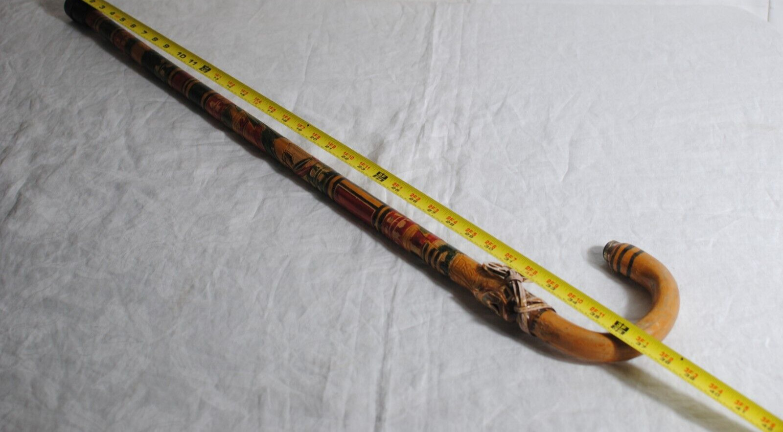 Vintage 37 in Hand Carved Wood Hook Handle Colorful with Michael Kors Charm Cane
