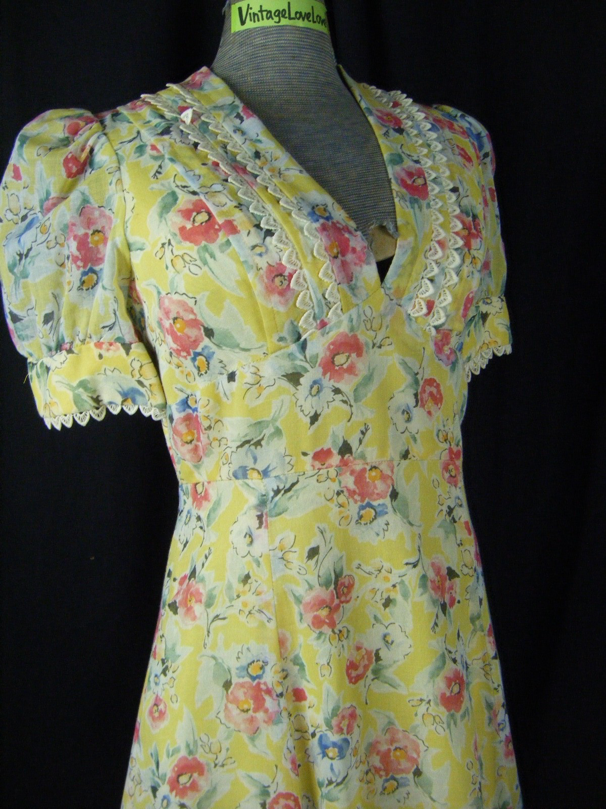Vtg 70s Yellow Water Color Floral 1930s Inspired Long Dress-Bust 34/2XS