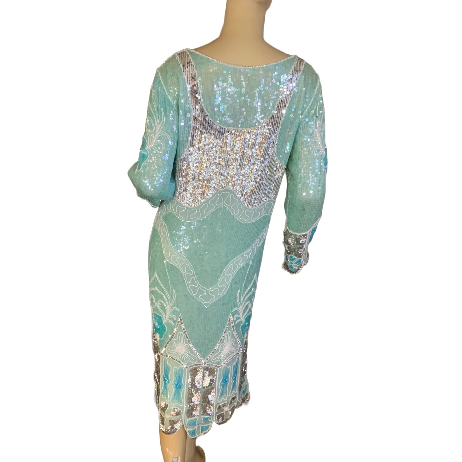 WOMEN’S VINTAGE 1980’S ZEBUN AQUA BLUE & SILVER SILK SEQUIN DRESS APPX SZ M