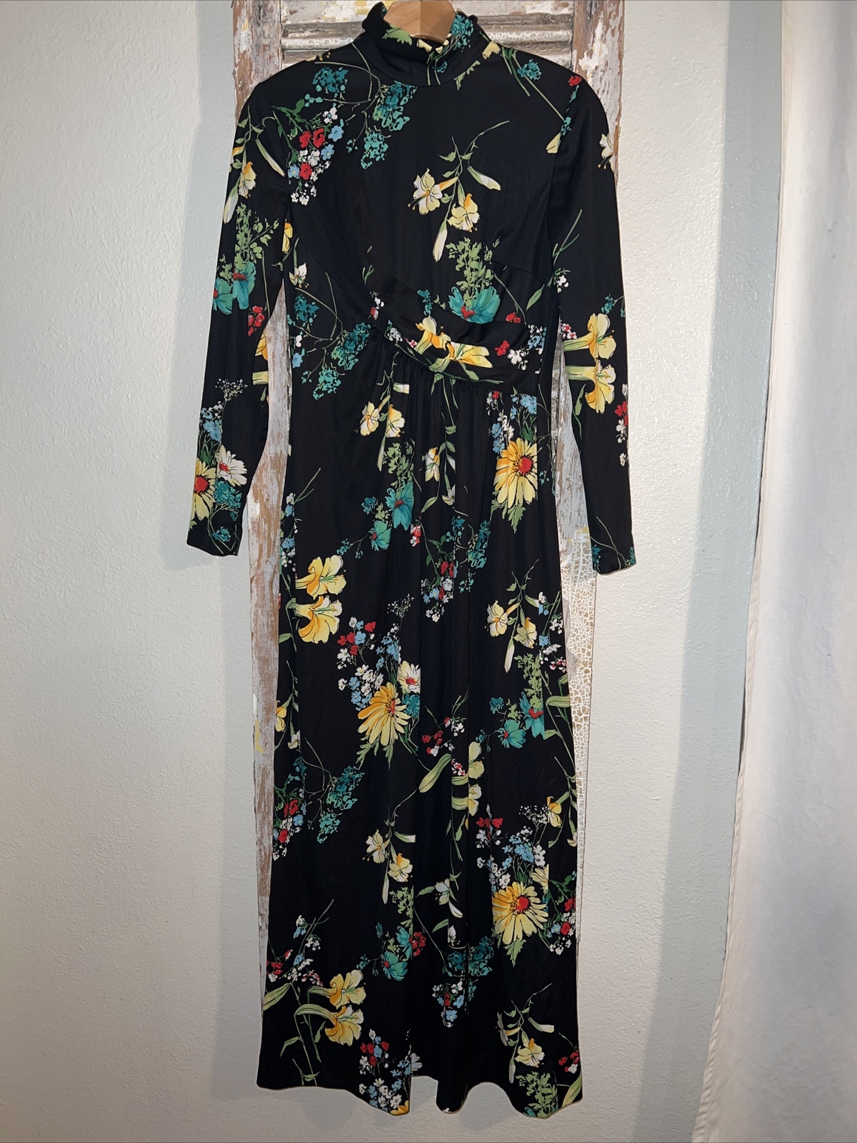 A9 Hal Ferman Black Multi-Color Bohemian 70’s Maxi Dress Floral Sleeve Mod XS/S