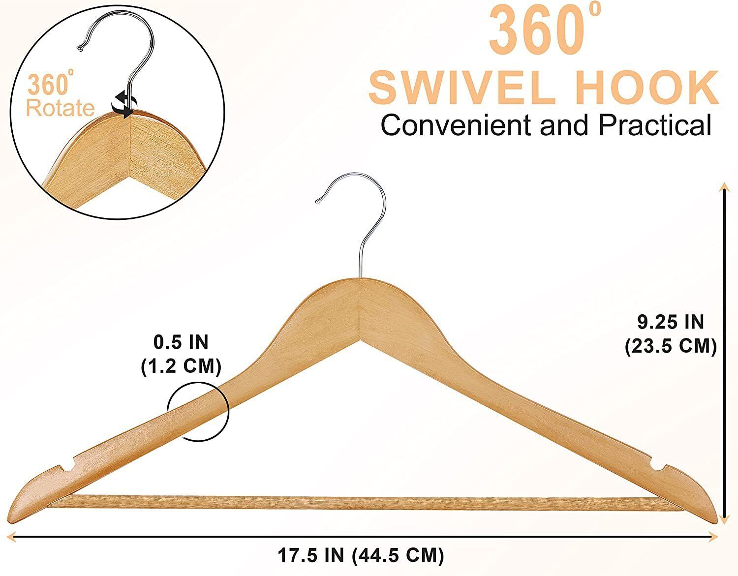 Premium Wooden Hangers 50 Pack Non-Slip Coat Clothes Hangers w/360° Swivel Hook