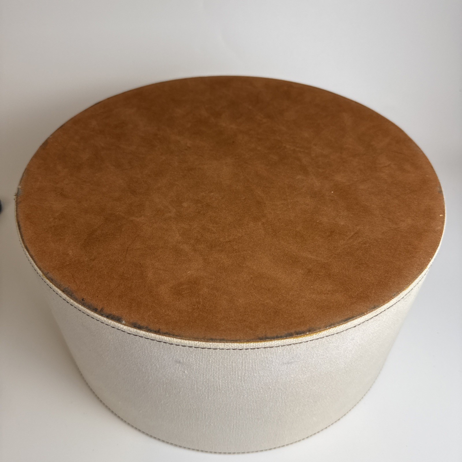 Vintage Style Round Hat Box Off White Navy Blue Trim Travel Case Makeup Vanity