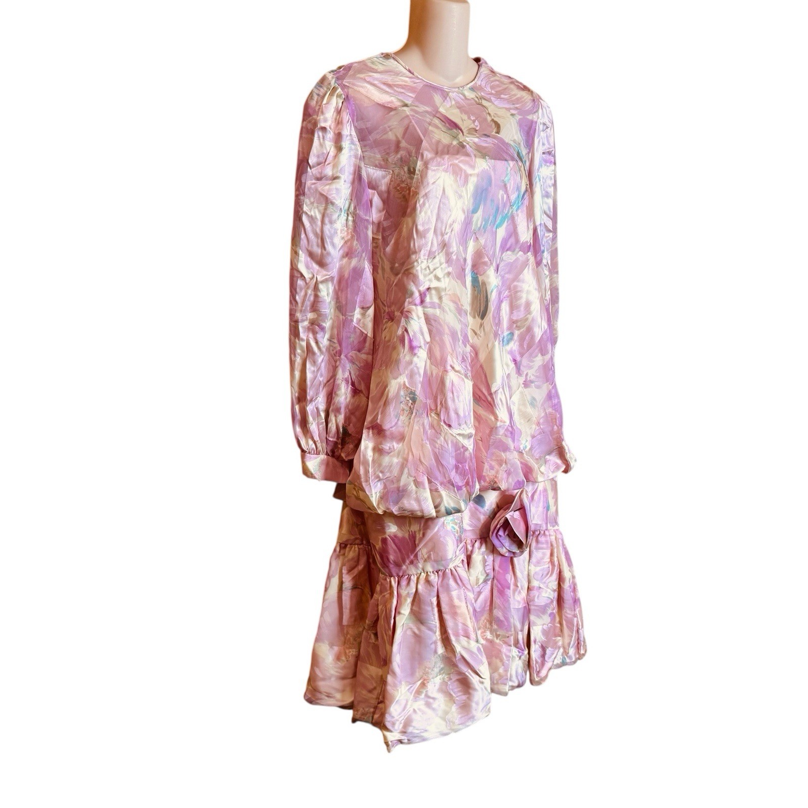 Vintage 80s Pastel Drop Waist 20s Pink Floral Blouson Dress Silky L/XL 40X38X46
