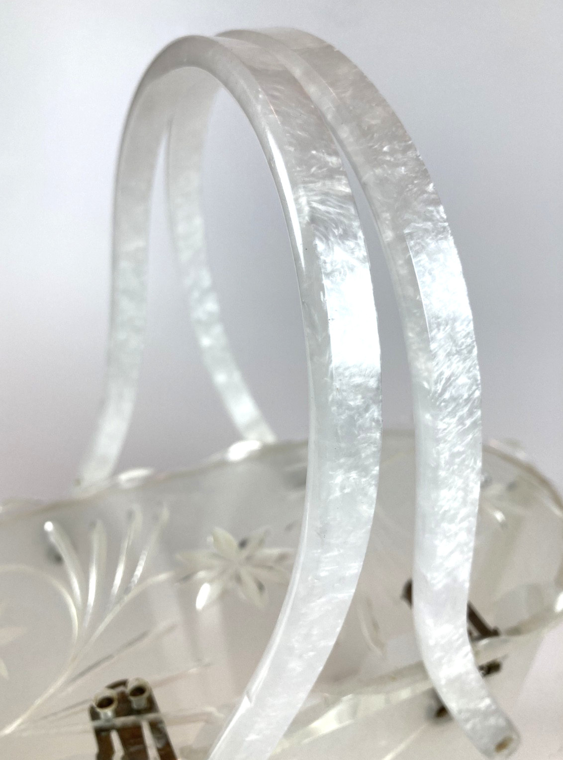 1950s White Marbled Lucite Double Handled Purse with Clear Carved Lid
