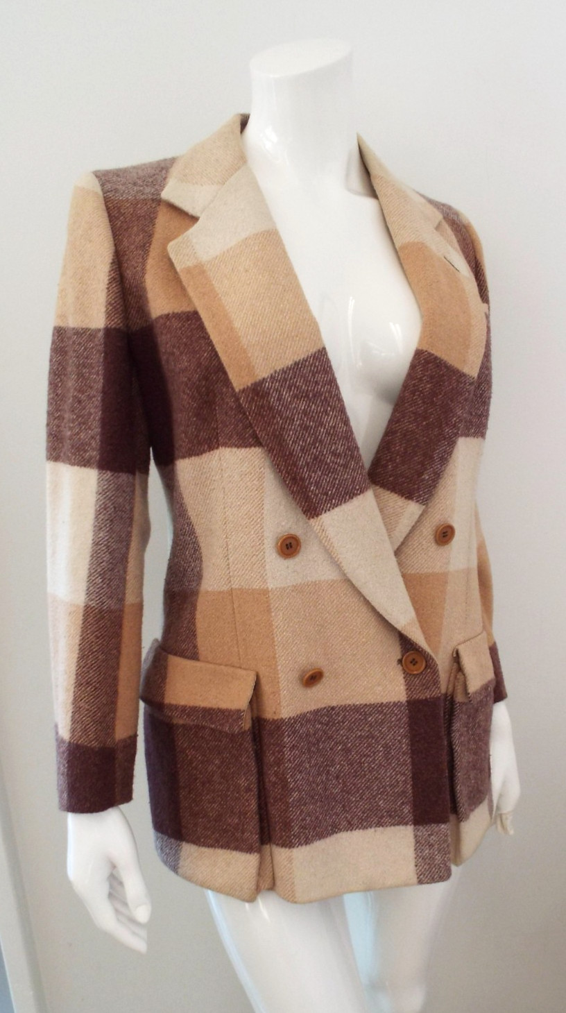 Vintage Giorgio Armani Wool Plaid Color Block Coat Jacket Italy 1980s 90s Small