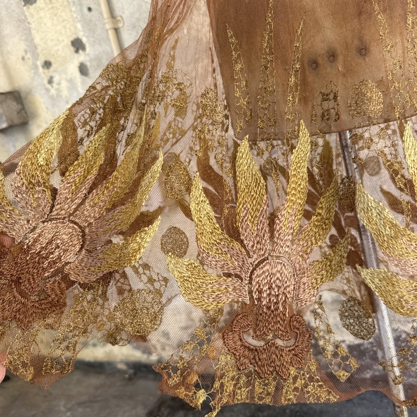 Antique 1920s Copper Net Skirt Silk & Metallic Embroidery Dress Vintage