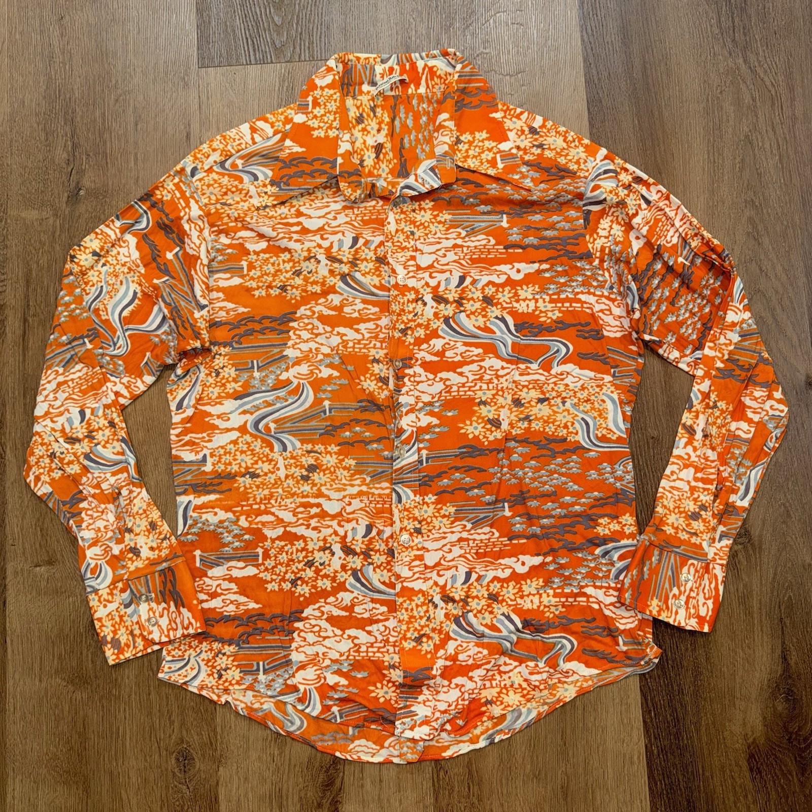 Vtg 60s 70s Disco Shirt Mens XL Abstract Floral Saturday Night Fever Beatnik Mod