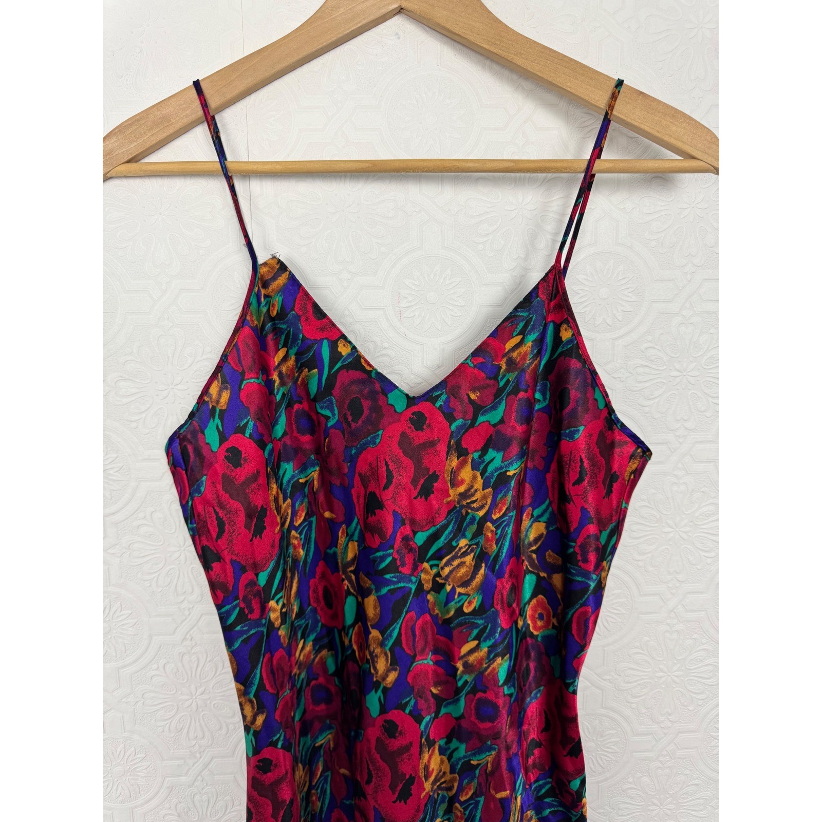 Vintage Sedu Floral Slip Dress Multi-Color Satin Mini V-Neck Spaghetti Strap 90s