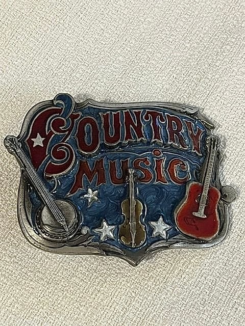 Vintage 1982 Country Music Enamel Belt Buckle with Banjo Fiddle Guitar & Stars,
