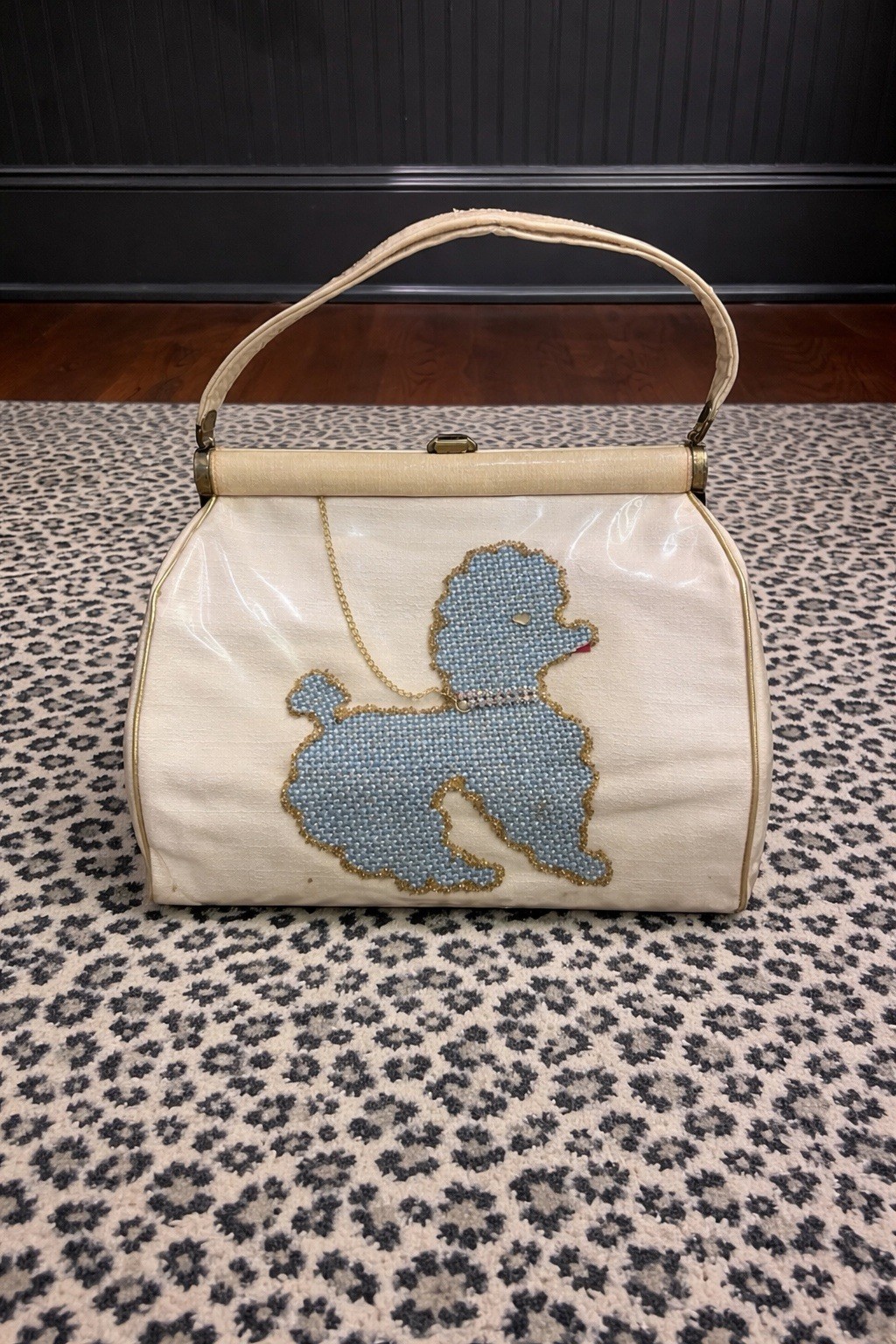1950s Lucite Clear Plastic Poodle Purse Blue Beaded Dog Handbag MCM kitch