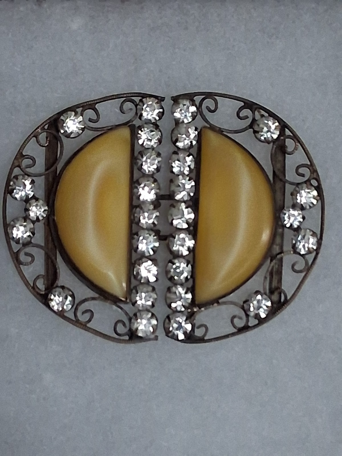 Antique Czechoslovakia belt buckle, yellow bohemian glass & crystals, filigree