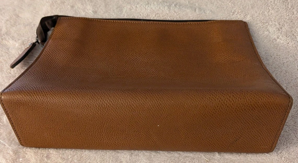 Renoma Paris Vtg Tan Leather Makeup Zipper Pouch Bag 11w 8t 3.5d