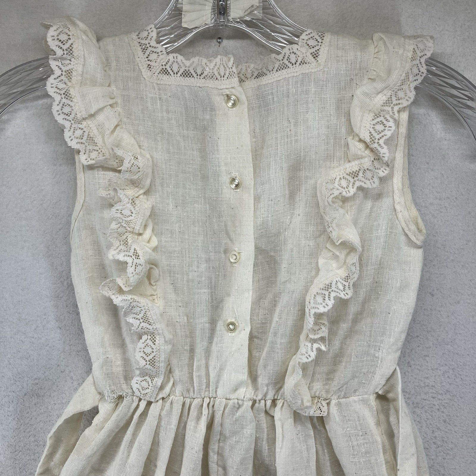 Vintage Dress Lace Accents Light Burlap Style Tie Back VERY SMALL 25×40