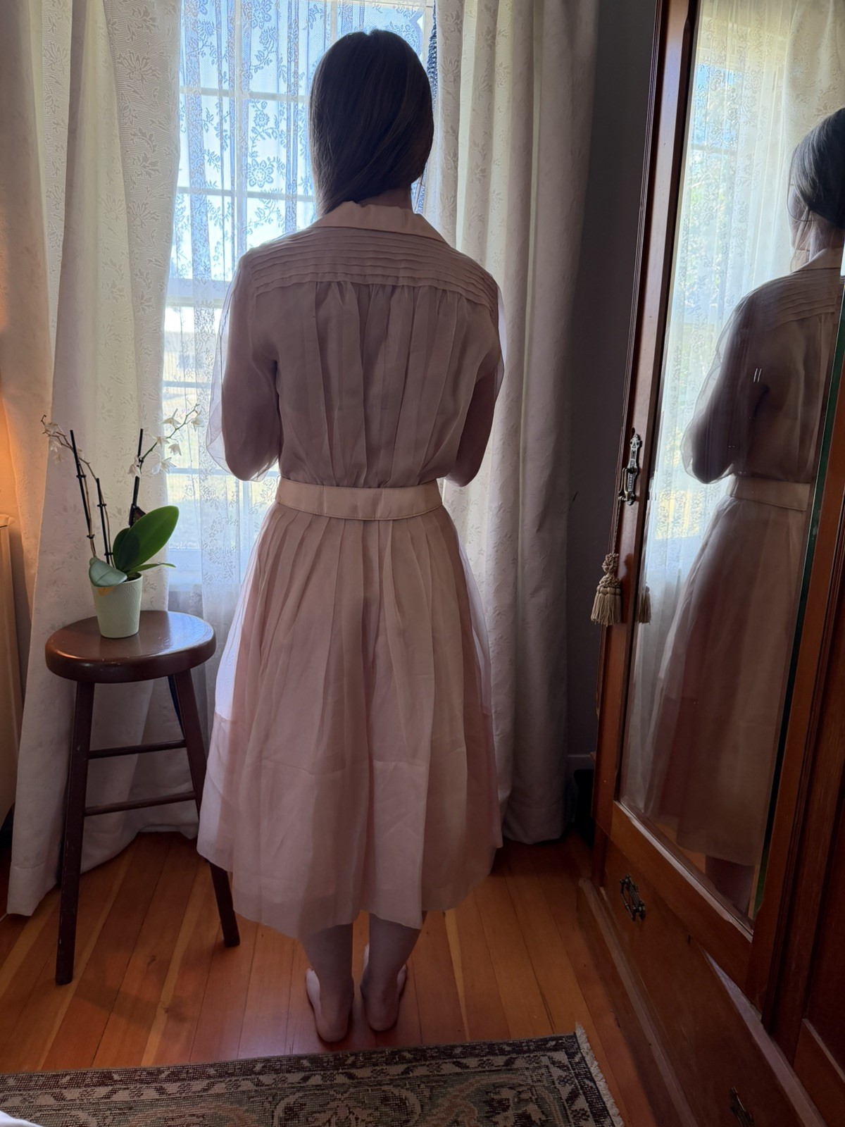Vintage 1950s Elinor Gay Pink Chiffon Organza Button Up Belted Party Dress