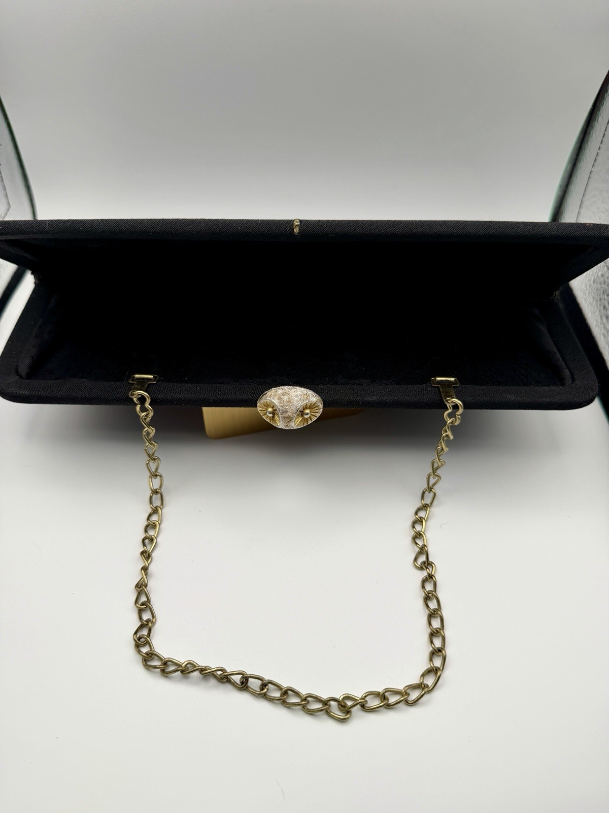 Vintage MCM Black Fabric Clutch Purse Evening Bag Gold Chain Owl Clasp Starburst