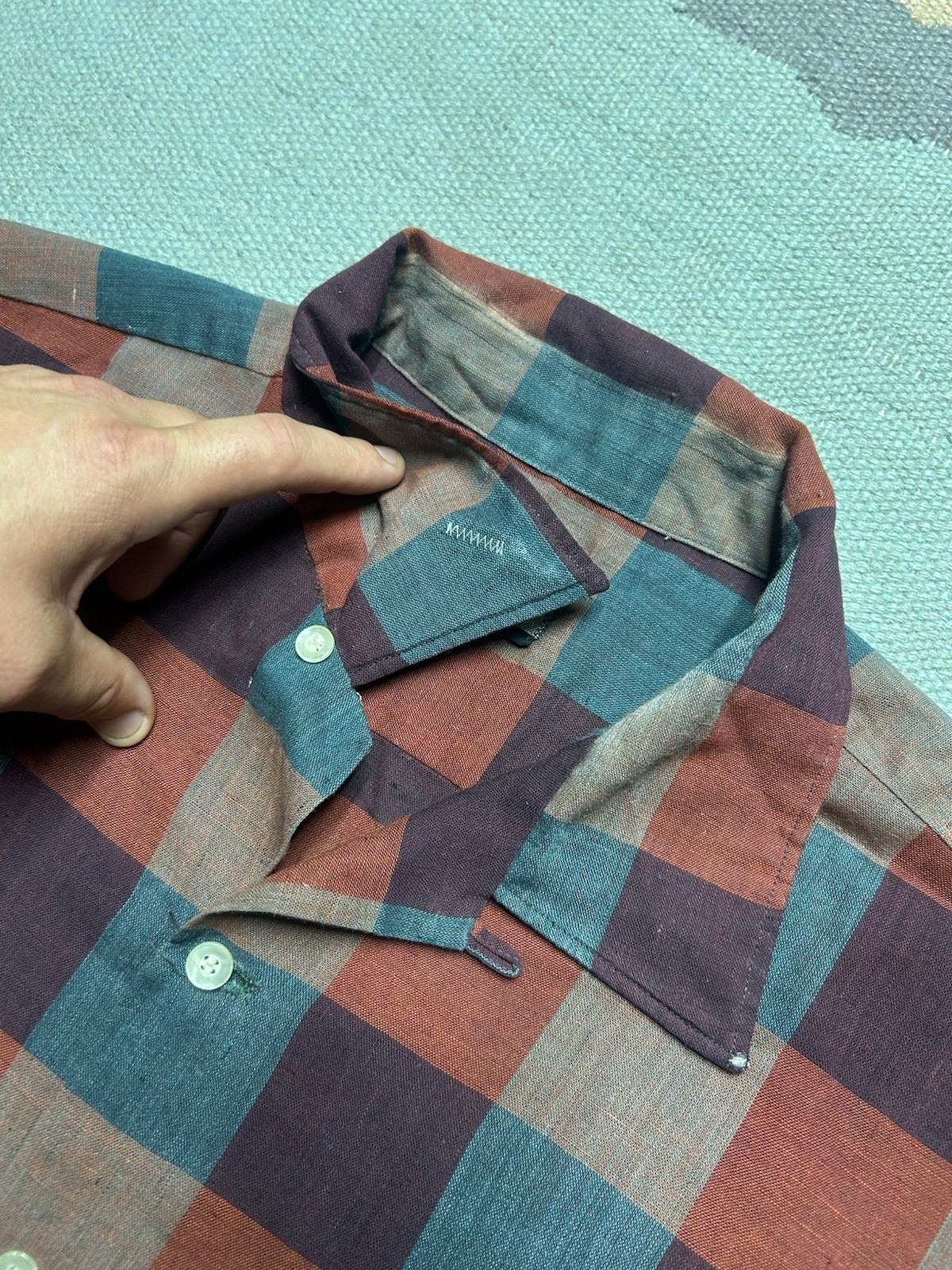 Vintage 60s long sleeve button shirt loop collar plaid poly cotton distressed XL