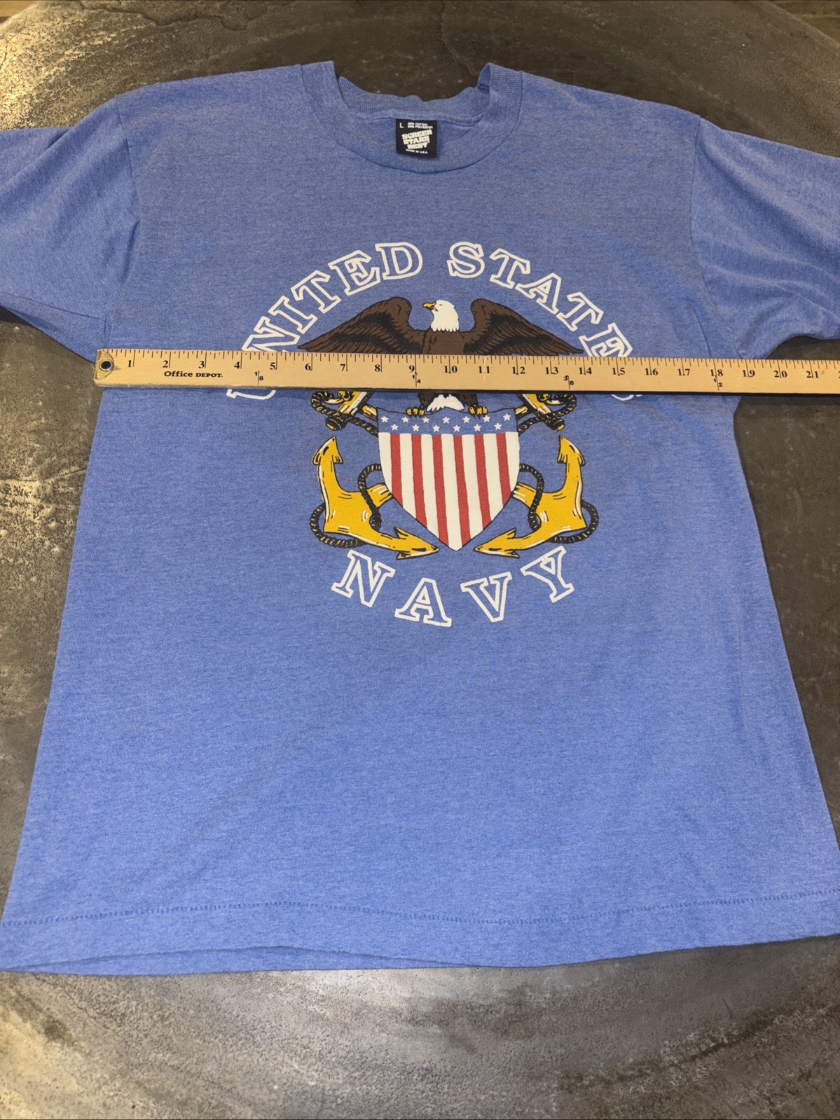 Vtg 80s United States US Navy Puff Print t shirt Large USN Military Blue Tee