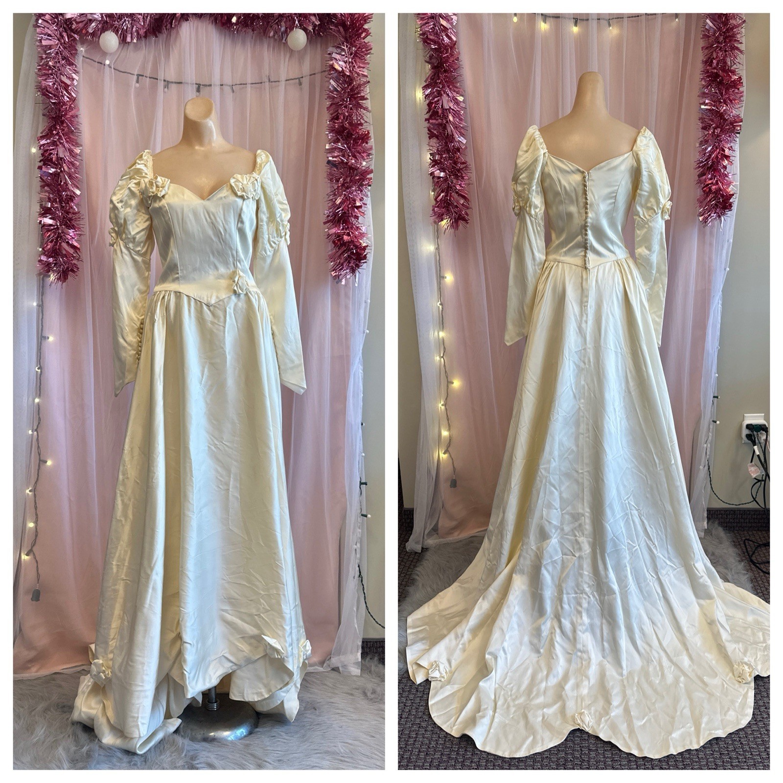 Vintage 40s Wedding Dress Ivory Taffeta Long Sleeves Modest Reworked XS/S