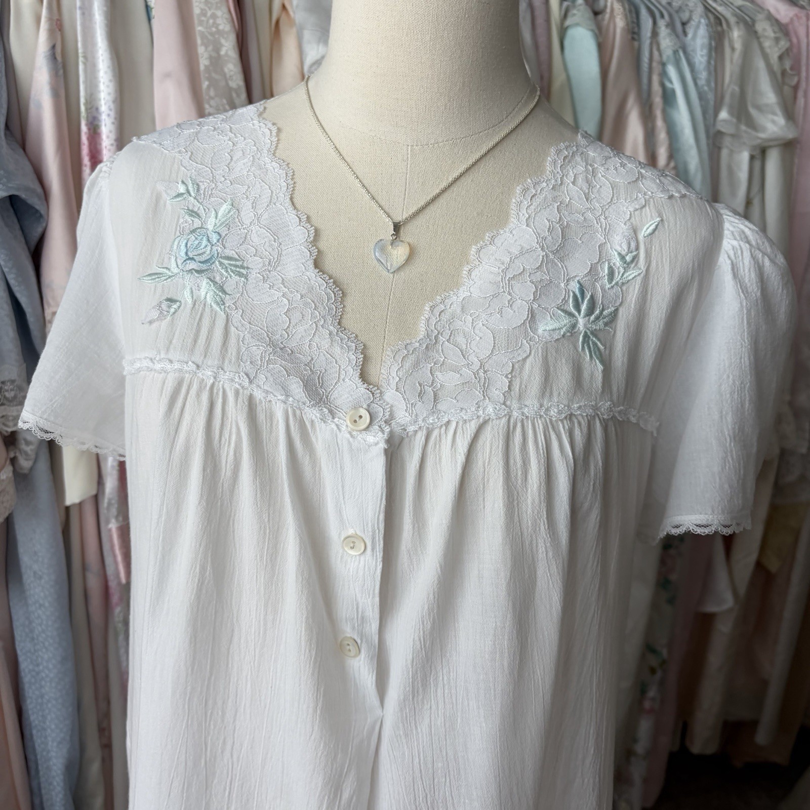 vintage miss elaine white cotton embroidered lace trim tranquil dress nightgown