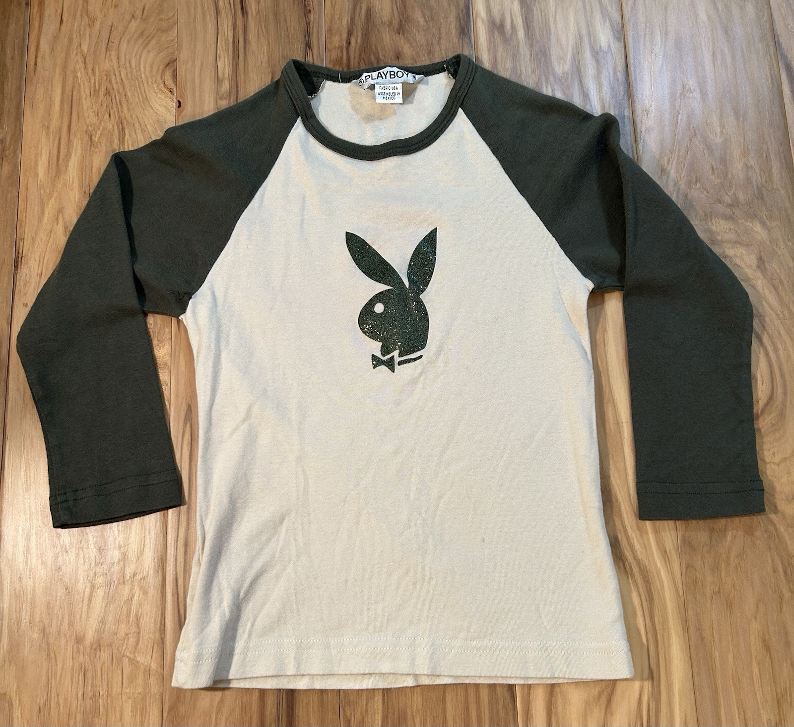 Vintage Playboy Women’s 3/4 Sleeve Baseball Tshirt With Green Glitter Bunny