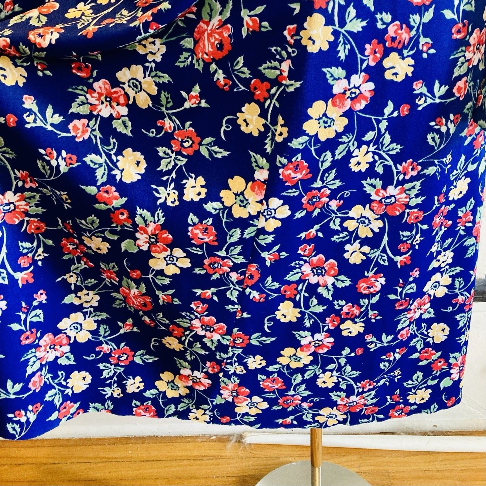 1970s Blue Floral Midi Dress Disco Hippie Boho Day Dress Wear To Work Volup