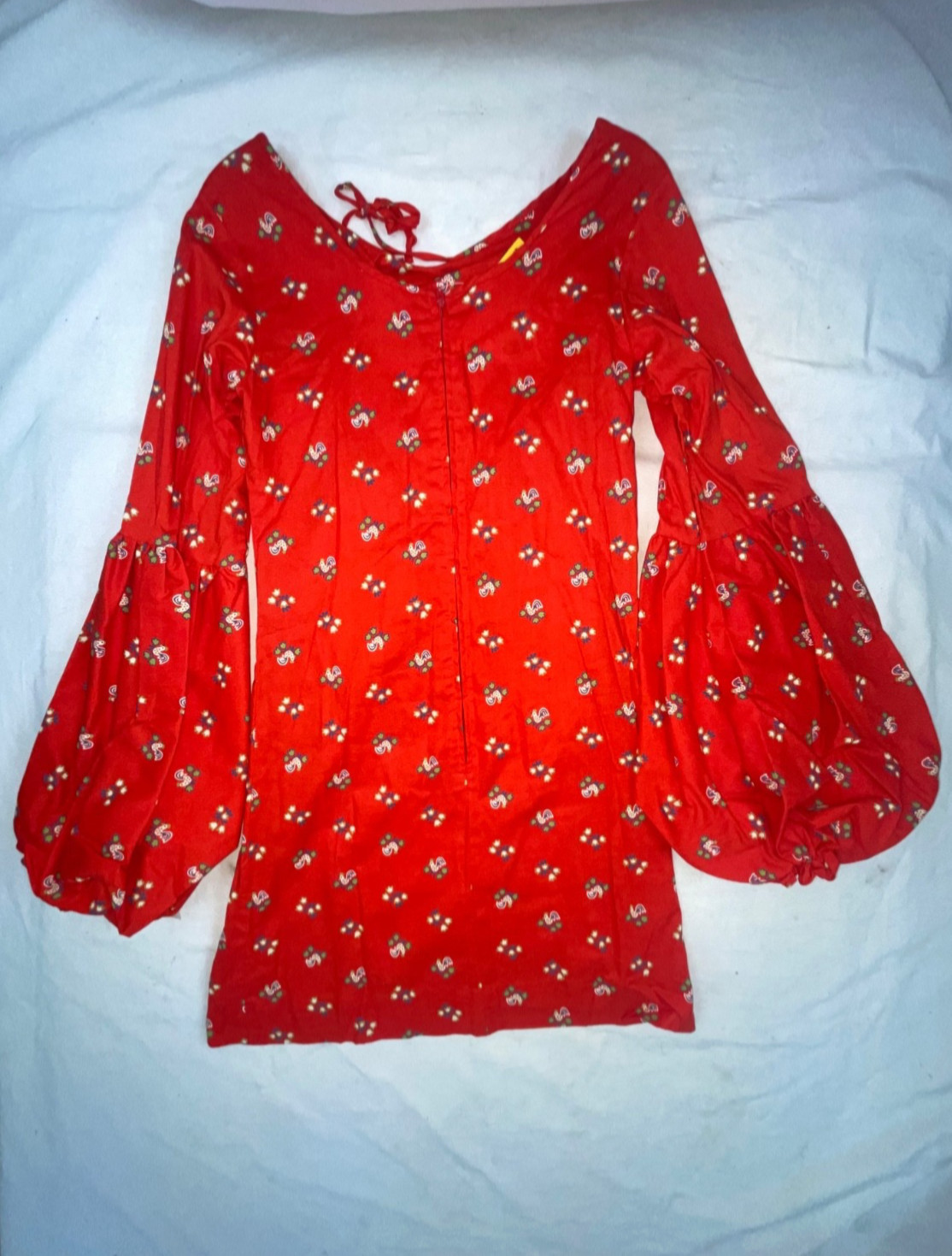VTG 60s 70s WOMENS S NEW RED BELLE SLEEVE DISCO HIPPY ROOSTER CHICKEN MINI DRESS