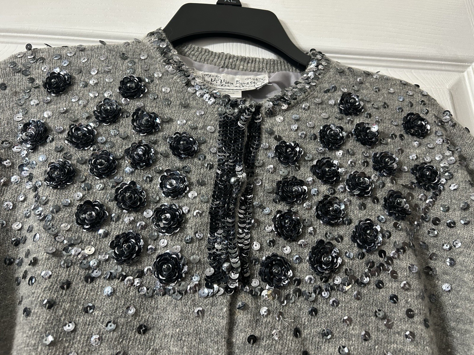Vintage Vi Vien Forest Angora Lambswool Beaded Sequin Cardigan Gray Sz 46/Lg
