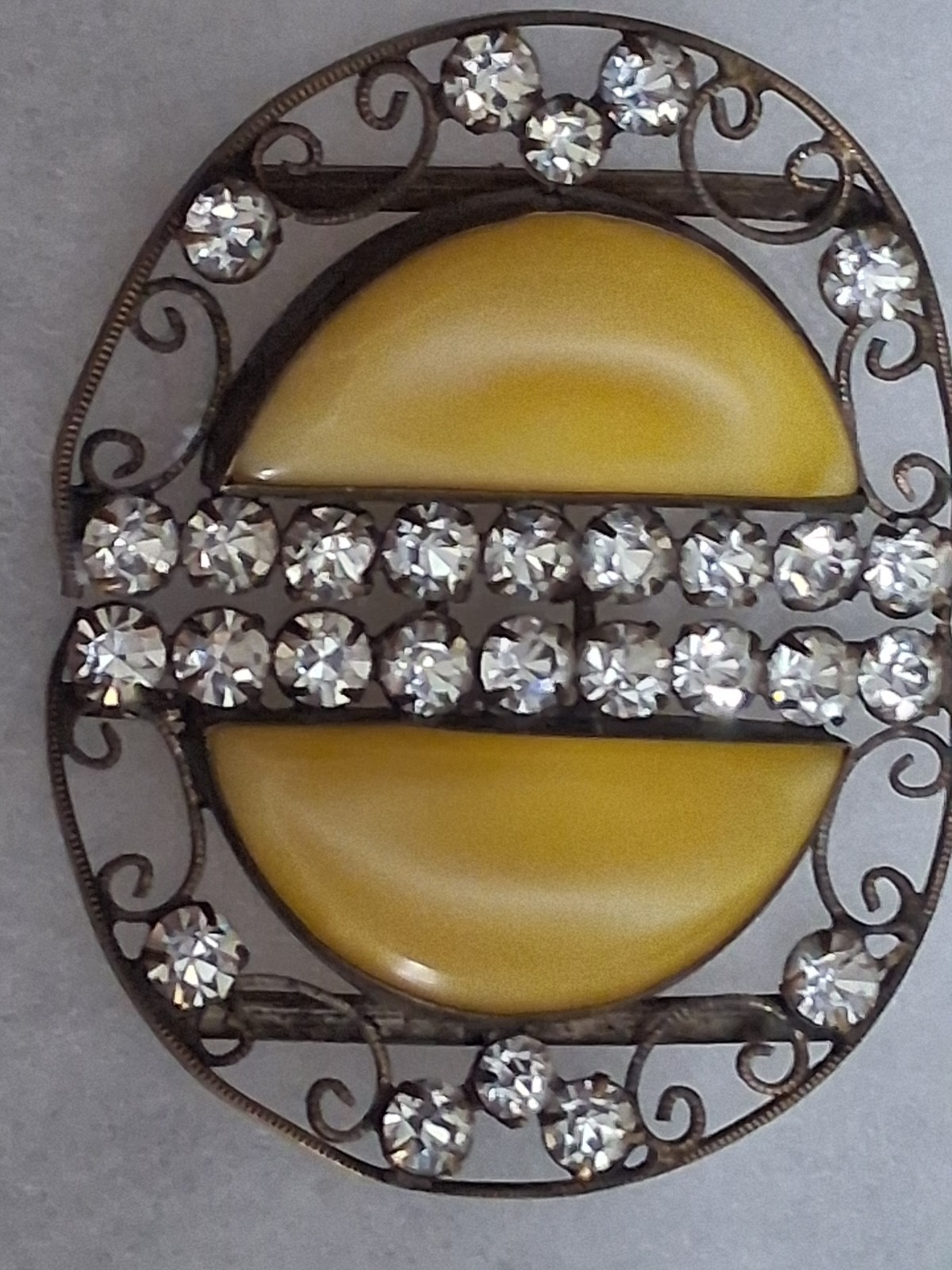 Antique Czechoslovakia belt buckle, yellow bohemian glass & crystals, filigree