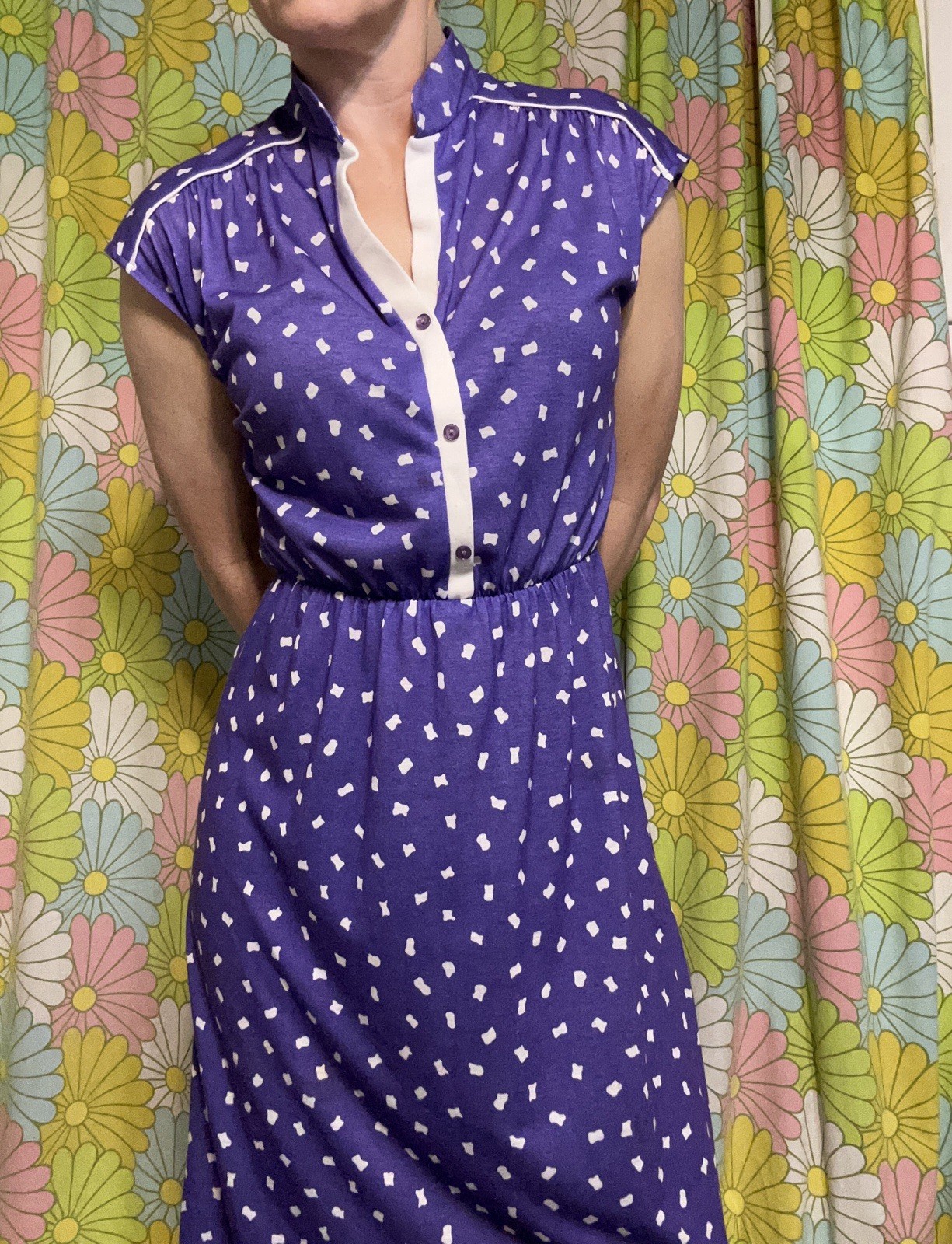 Vtg Shirtwaist Midi Day Dress Geo Dot Print Purple Retro Rockabilly Mod UNION MD