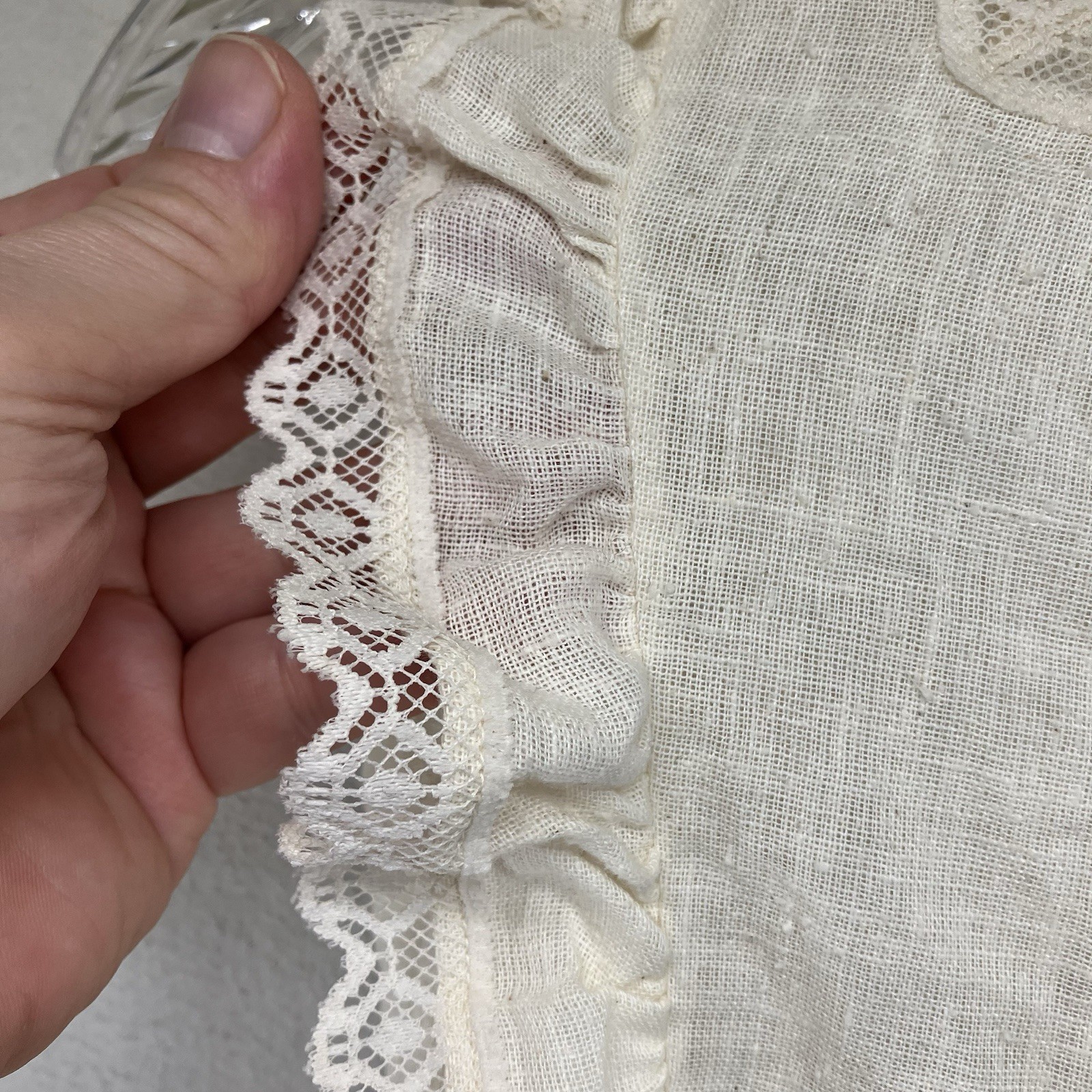 Vintage Dress Lace Accents Light Burlap Style Tie Back VERY SMALL 25×40