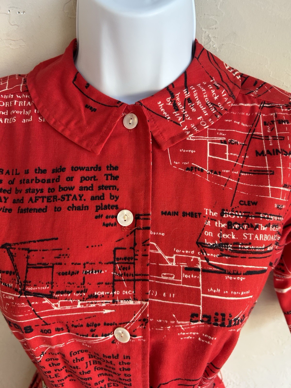 Vintage 60s Rare Villager Nautical Sailboat Blueprint Novelty Shirtwaist Dress 8