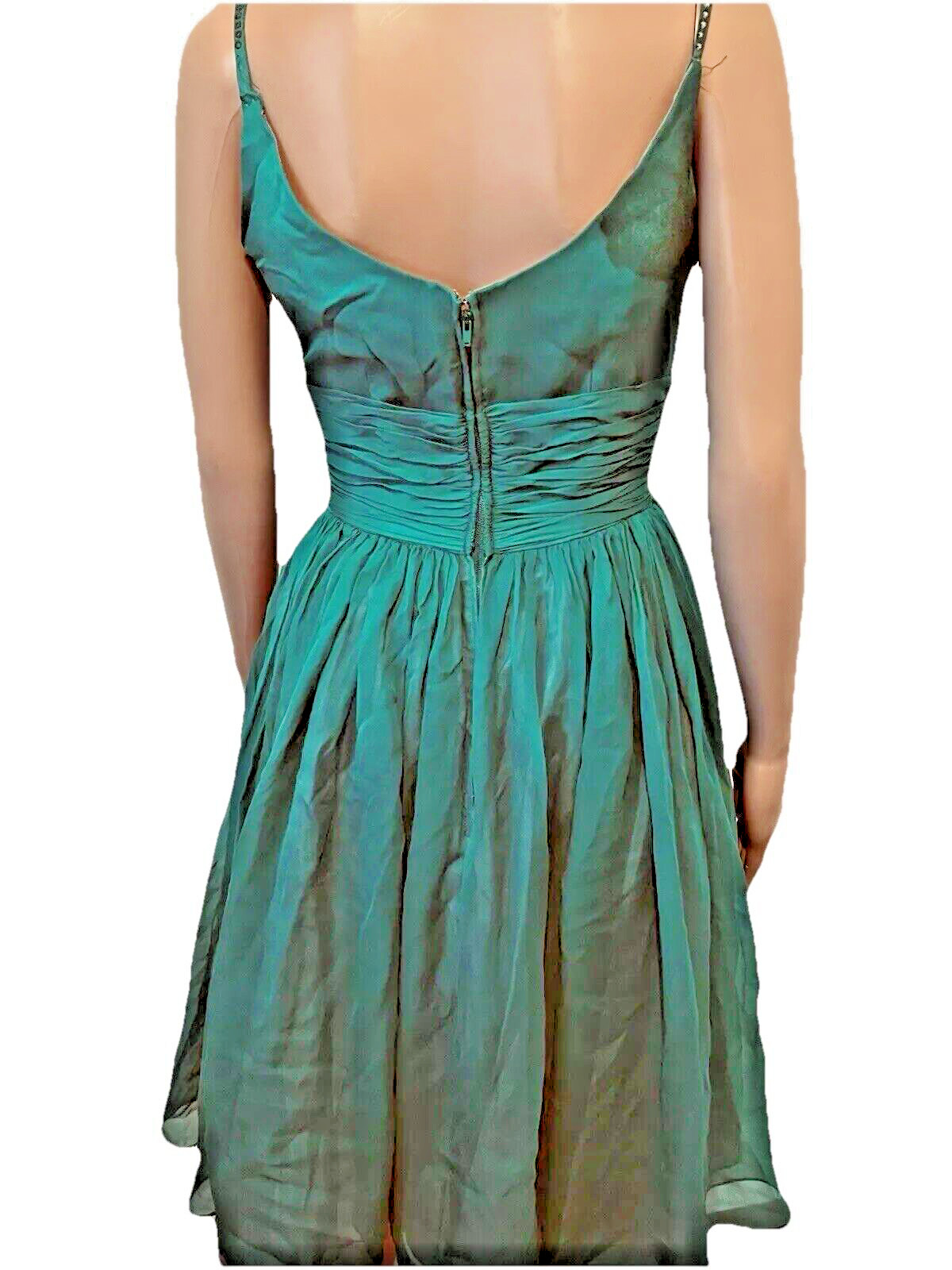 VTG 50s Emerald Green Cocktail Dress Bains Las Vegas Rhinestone Spaghetti Straps