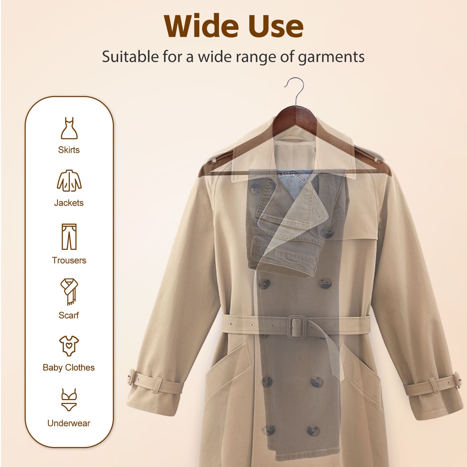 Premium Wooden Hangers 50 Pack Non-Slip Coat Clothes Hangers w/Swivel Hook Brown