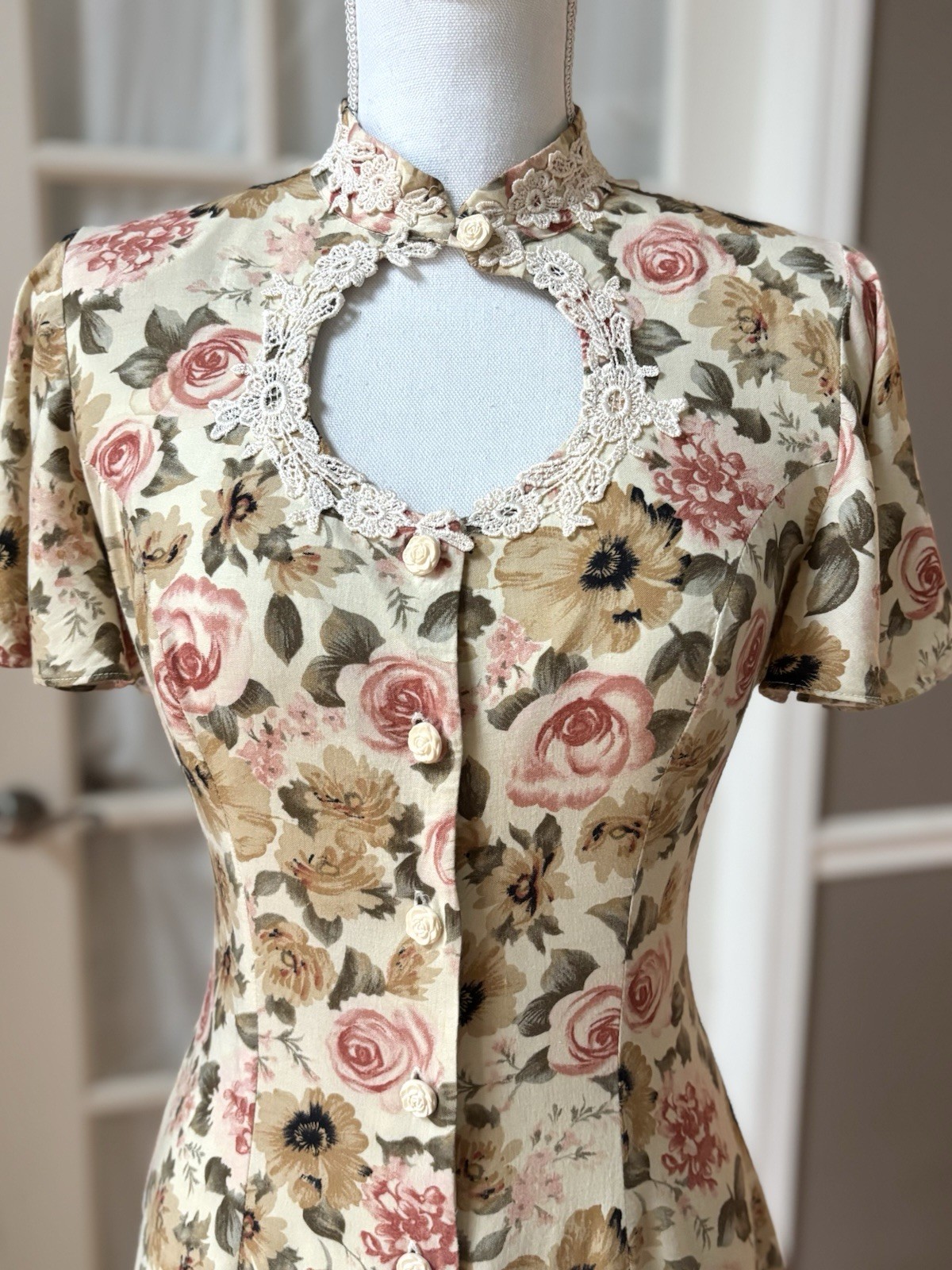 Vintage Joni Blair Floral Rayon Midi Dress Cottagecore Lace Keyhole Size 3