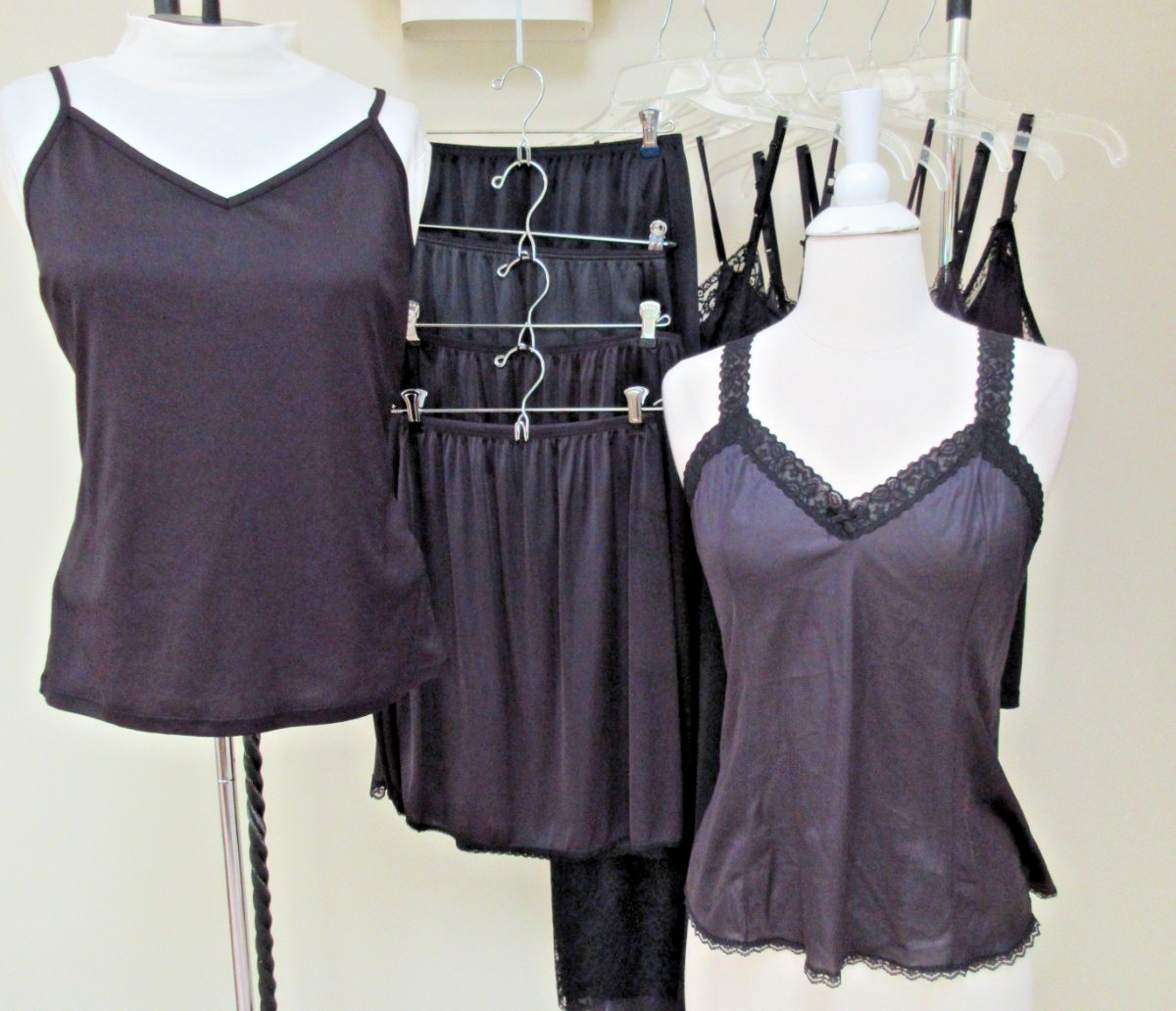 12 Pc *ALL BLACK* Lingerie Camisoles Full Dress & Half Slips Lot Vtg–Modern ab6