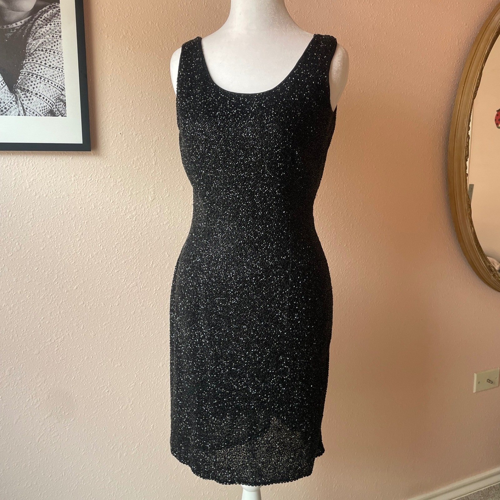 Vintage 80s Beaded 100% Silk Cocktail Dress Mark & John by Gopal Size Small