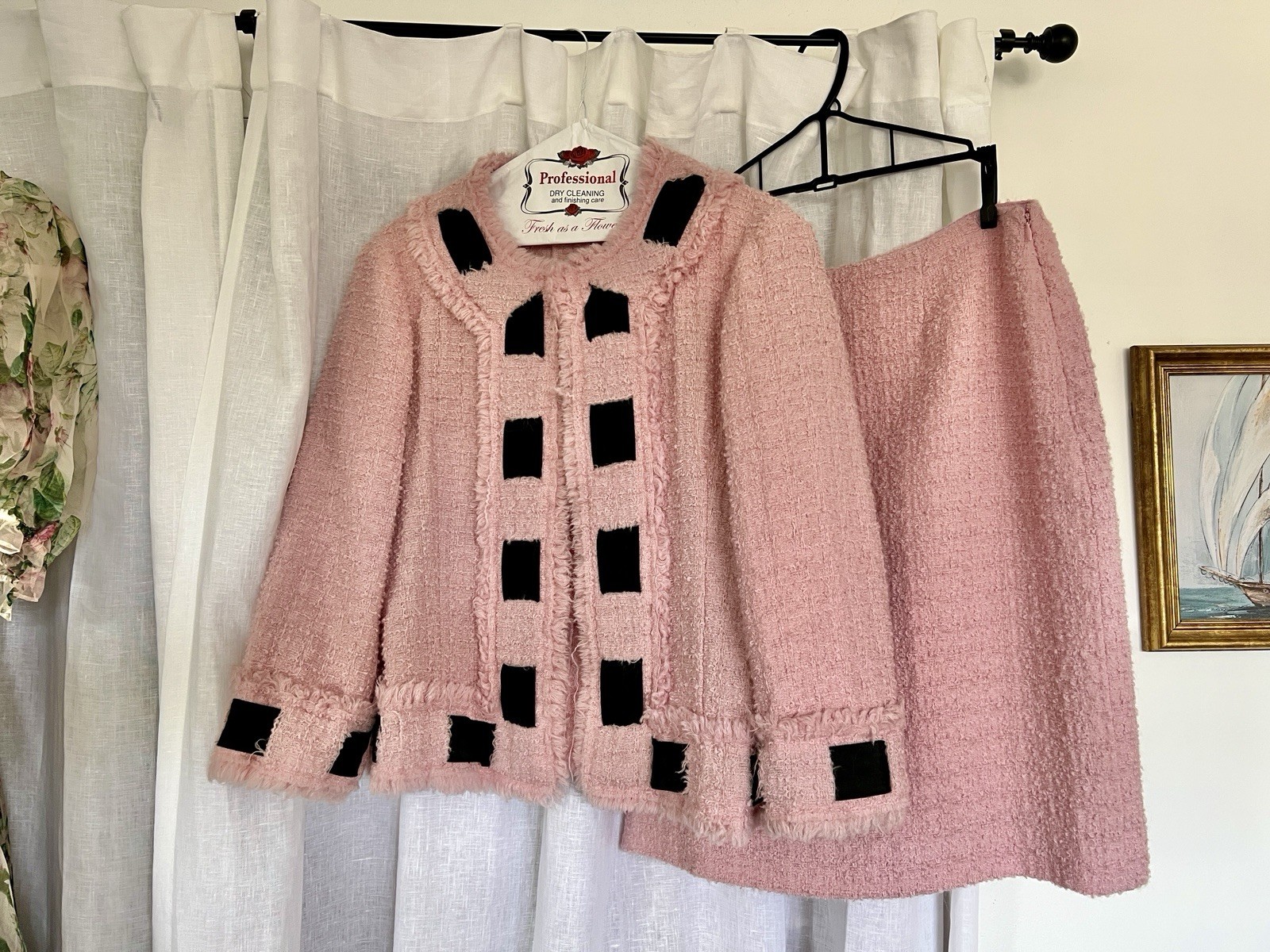 Vintage Moschino Pink & Black Bouclé Suit Size 10 Great Condition Worn Only Once
