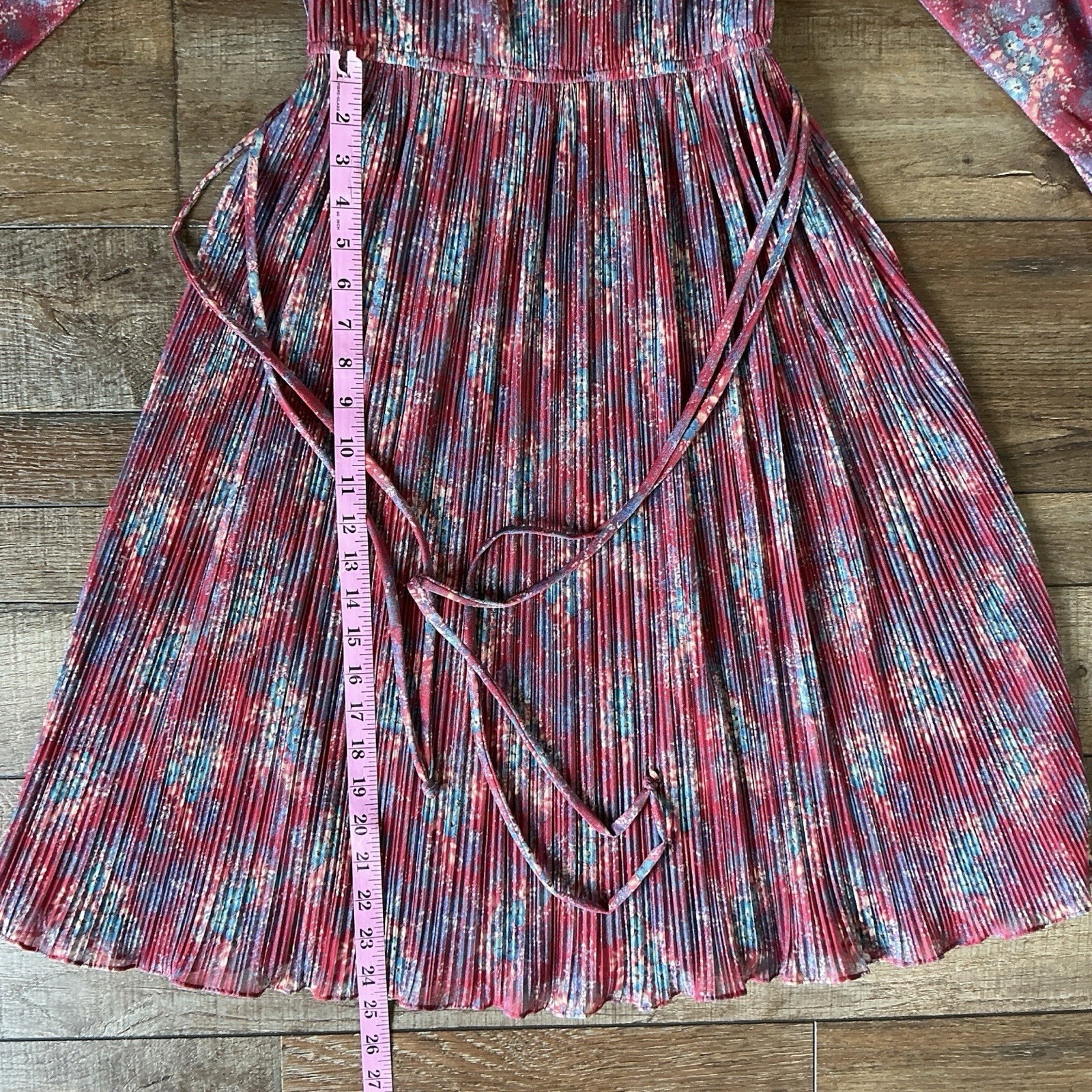 70s VTG Hal Ferman Floral Pleated Dress Belt ILGWU Union USA Made Size XS/S 28D7