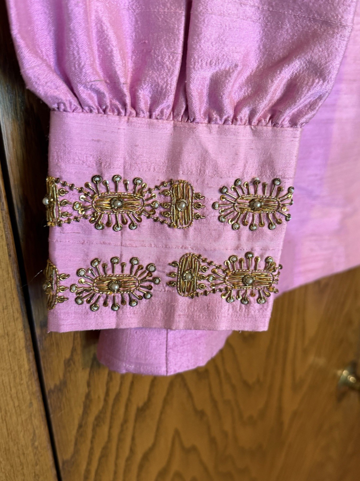 Vintage SABINA OF INDIA Pink Raw Silk Beaded TUNIC TOP + Wide PALLAZO Pants Sz 8